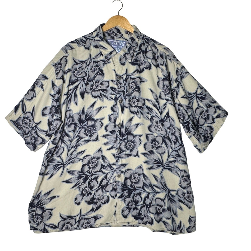 Pusser's West Indies Island Indigo Mens XL 100% Silk Hawaiian Aloha Camp Shirt